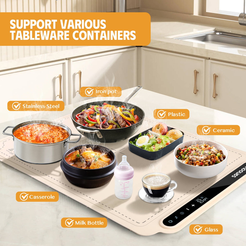 ACMETOP Food Warming Mat, Portable Silicone Electric Warming Tray, Versatile Full Surface 10s Heating Food Warmer with 7 Level Temperature & Timer for home dinner, Parties, Buffets andTravel (Beige)