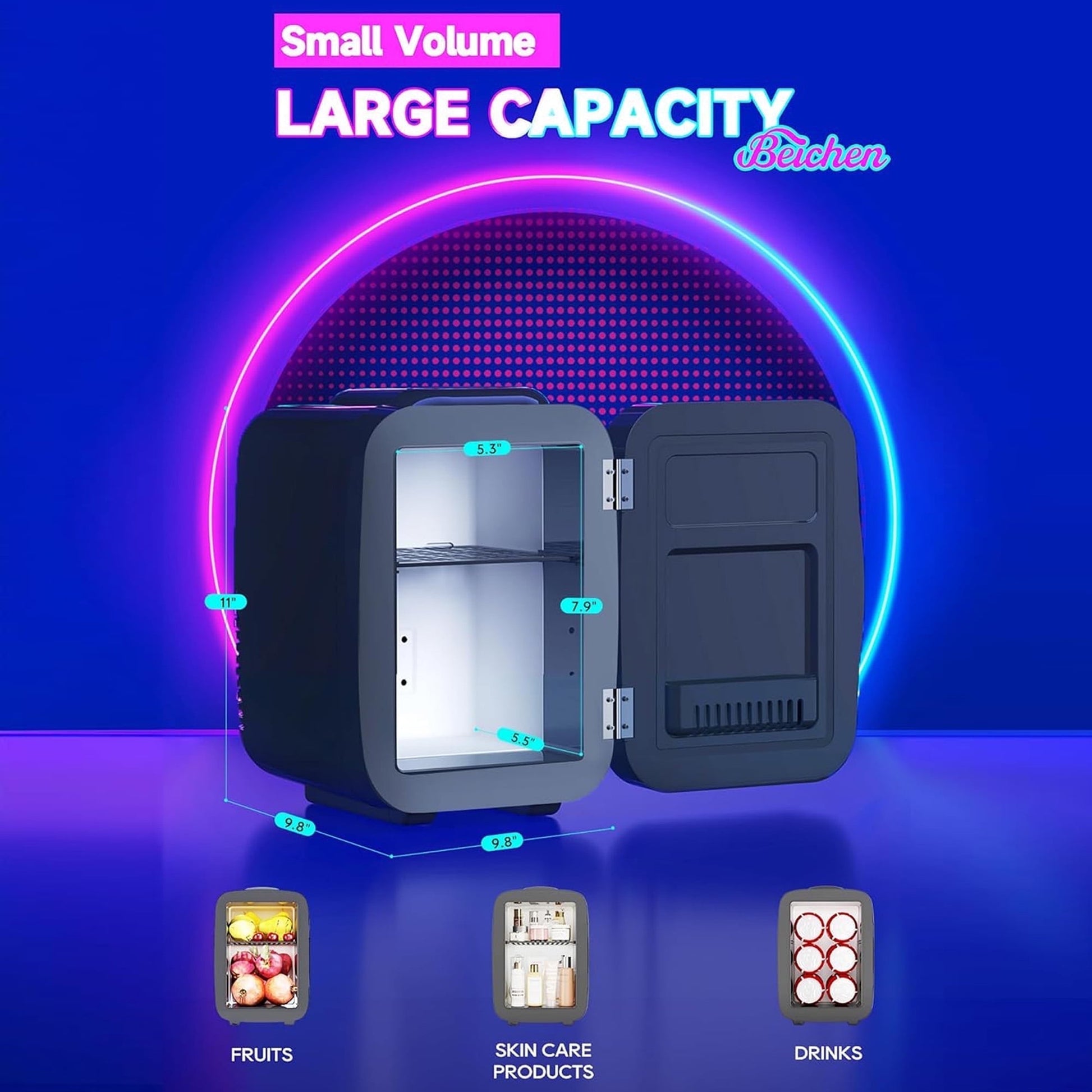 Beichen 4L Mini Fridge with 6-Color LED, Portable Cooler & Warmer for Bedroom, Office, Car – Quiet Thermoelectric Small Refrigerator for Skincare, Drinks & Gaming Room, AC/DC Powered (Black)