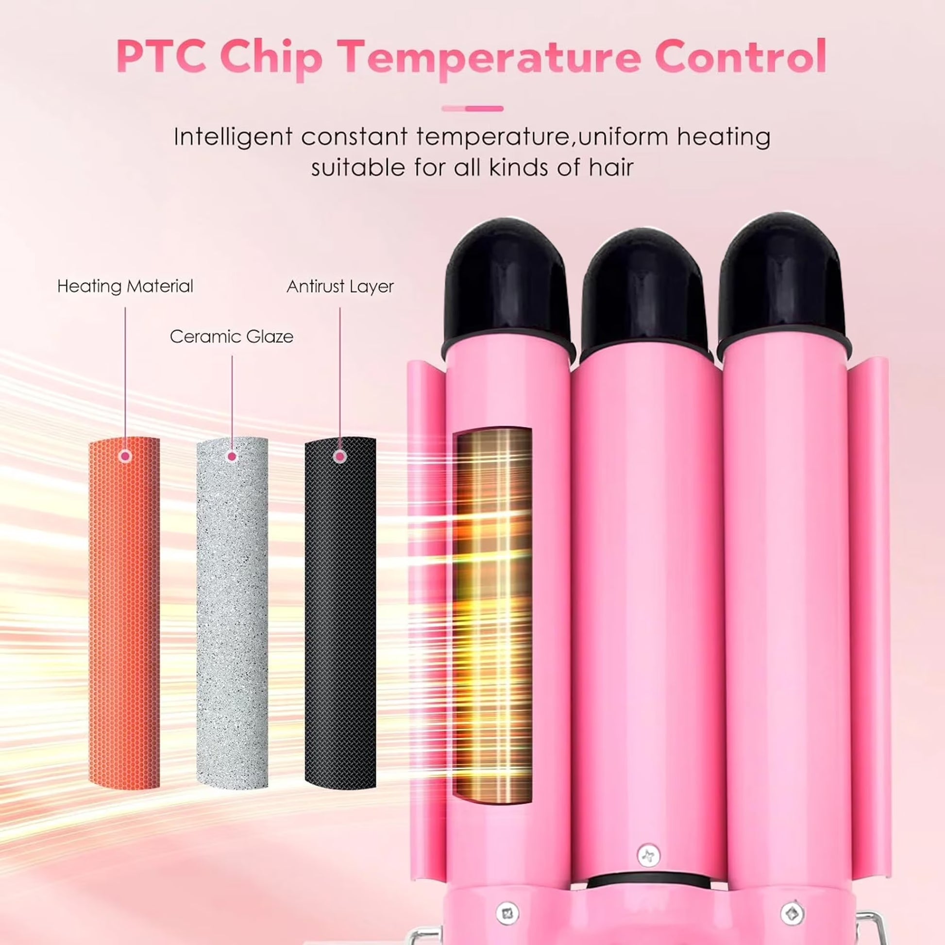 Morfone 3 Jumbo Barrel Curling Iron Wand 22mm Hair Waver Temperature Adjustable Ceramic Big Waves Hair Crimper (Pink)