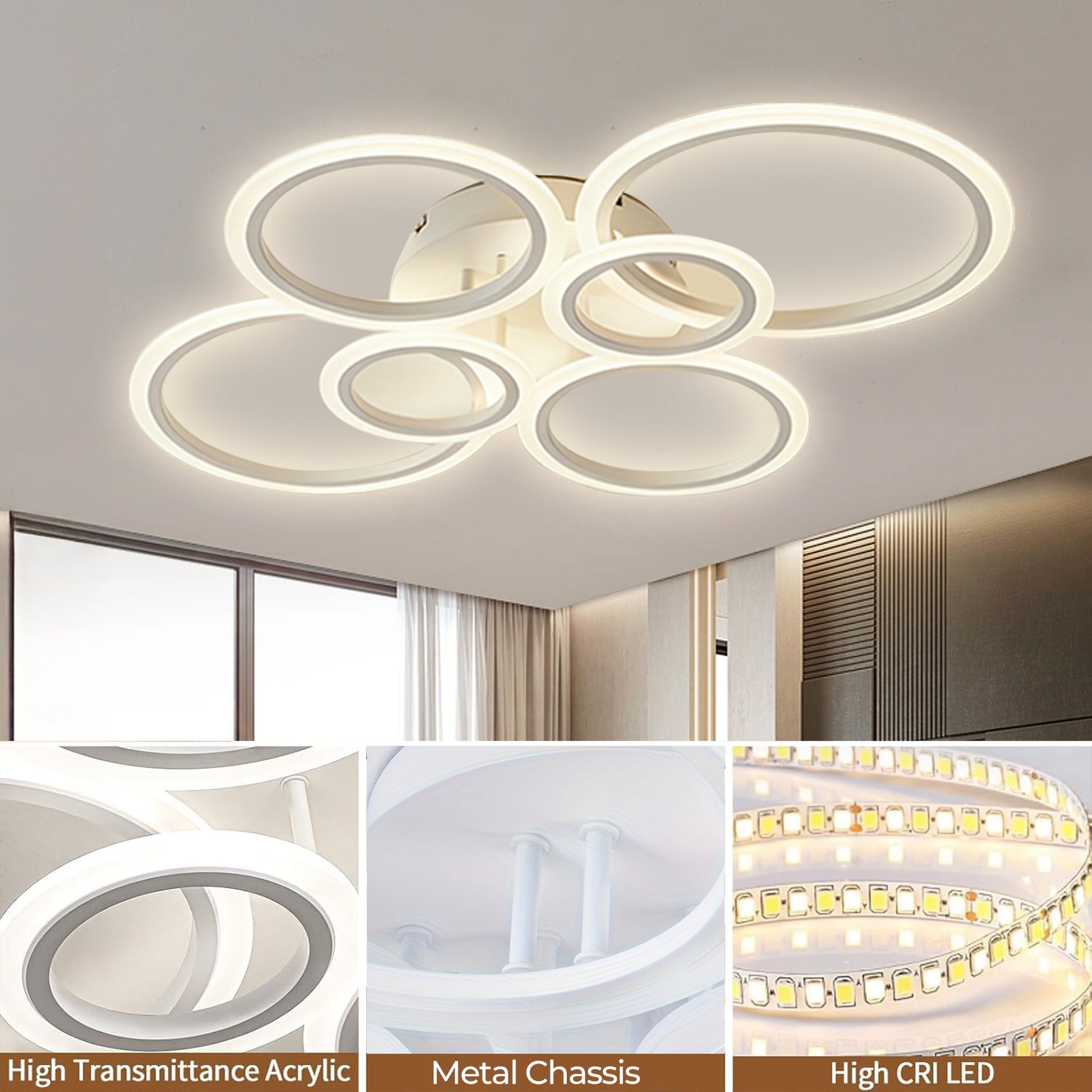 Anoak LED Ceiling Light with Remote 7 Rings White Close to Ceiling Lights 31.8" 130W 3000K-6500K Flush Mount Ceiling Lamp for Living Room,Bedroom,Kitchen