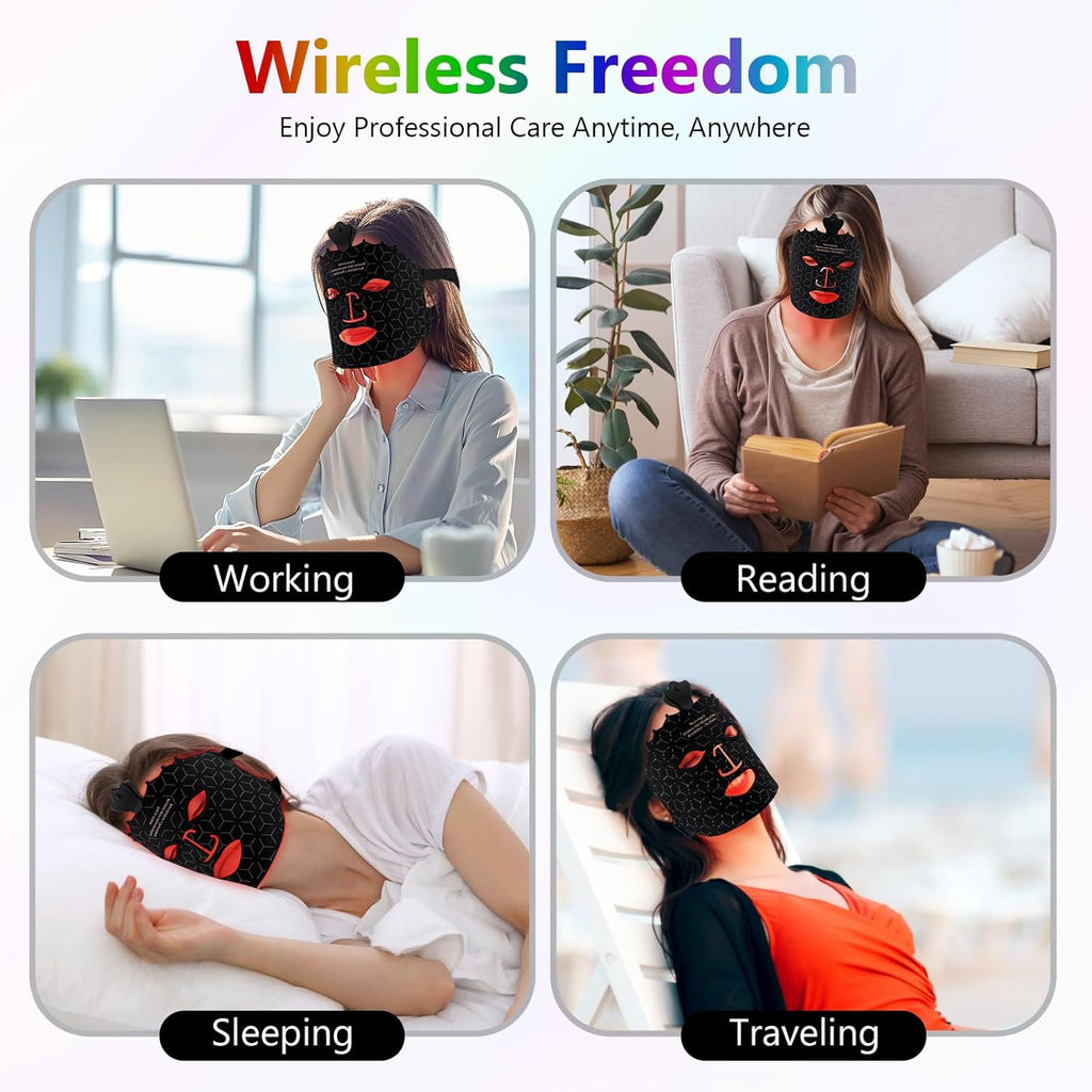 Morfone 9 Color LED Face Mask, Wireless LED Face Mask  with Eye Cushion, Lightweight Soft Silicone Red Light Mask for Face, Black