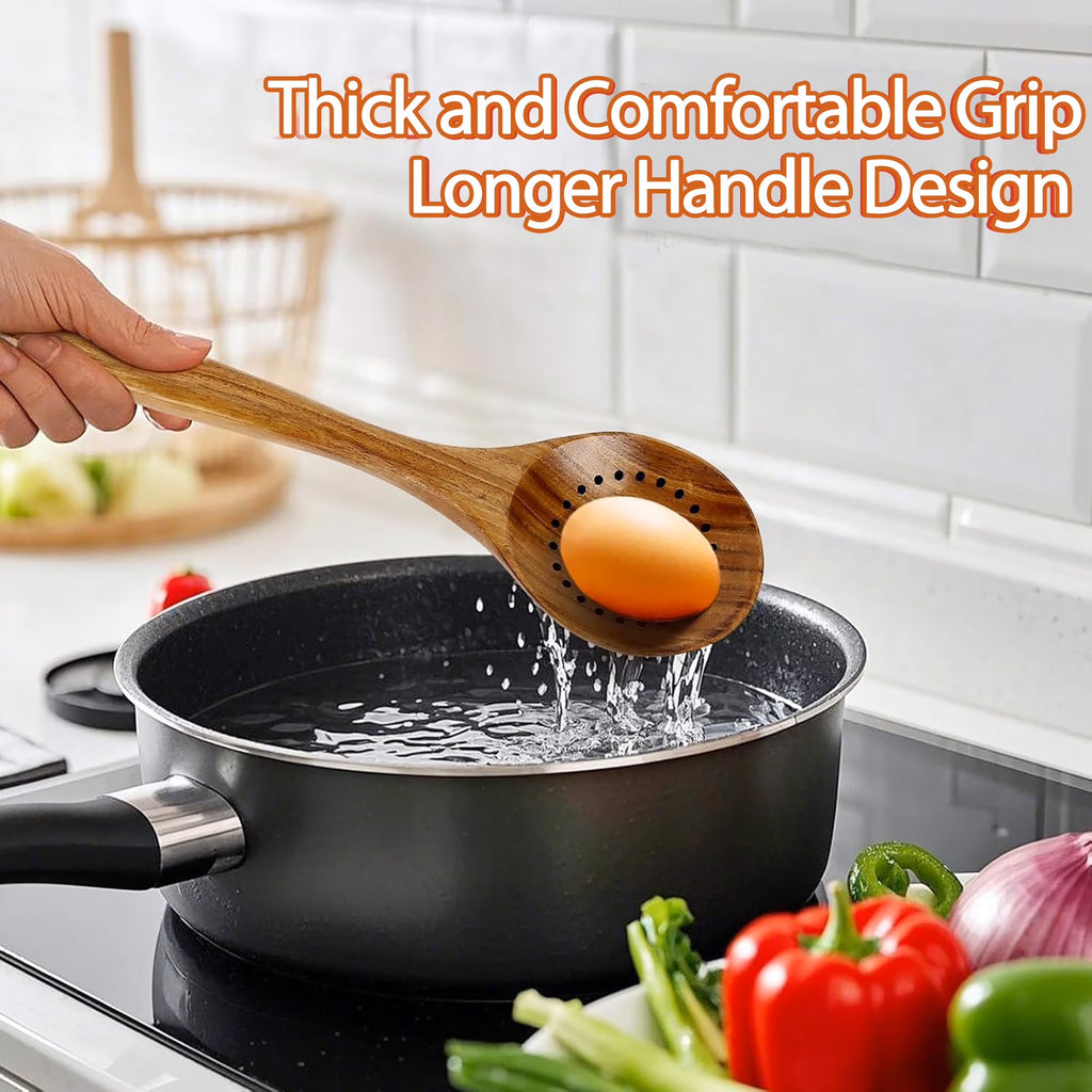 ACMETOP Wooden Spoons for Cooking, 10 Pcs Natural Teak Kitchen Utensil Set, Wooden Cooking Utensils Set for Nonstick Pans & Cookware