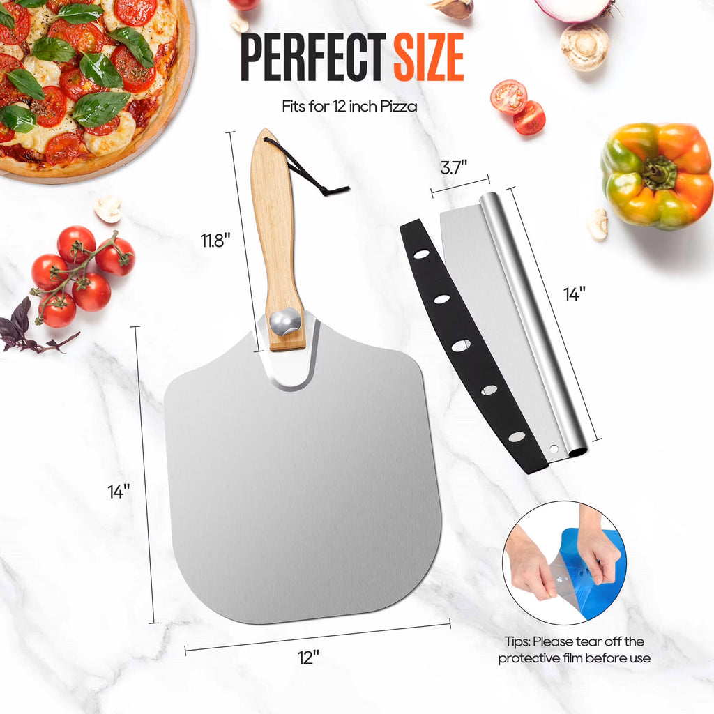 ACMETOP Pizza Peel 14 inch, Aluminum Metal Pizza Paddle Spatula with Foldable Wood Handle Rocker Cutter, Pizza Oven Accessories for Baking Homemade Pizza Bread