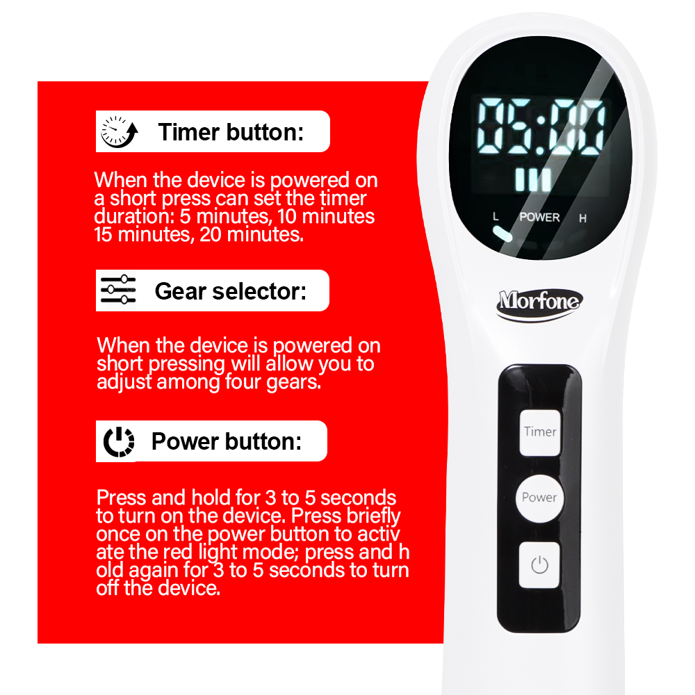Morfone 5 x 808nm + 12 x 650nm Handheld Red Light Therapy Device - Featuring 4 brightness levels and 4 timer settings