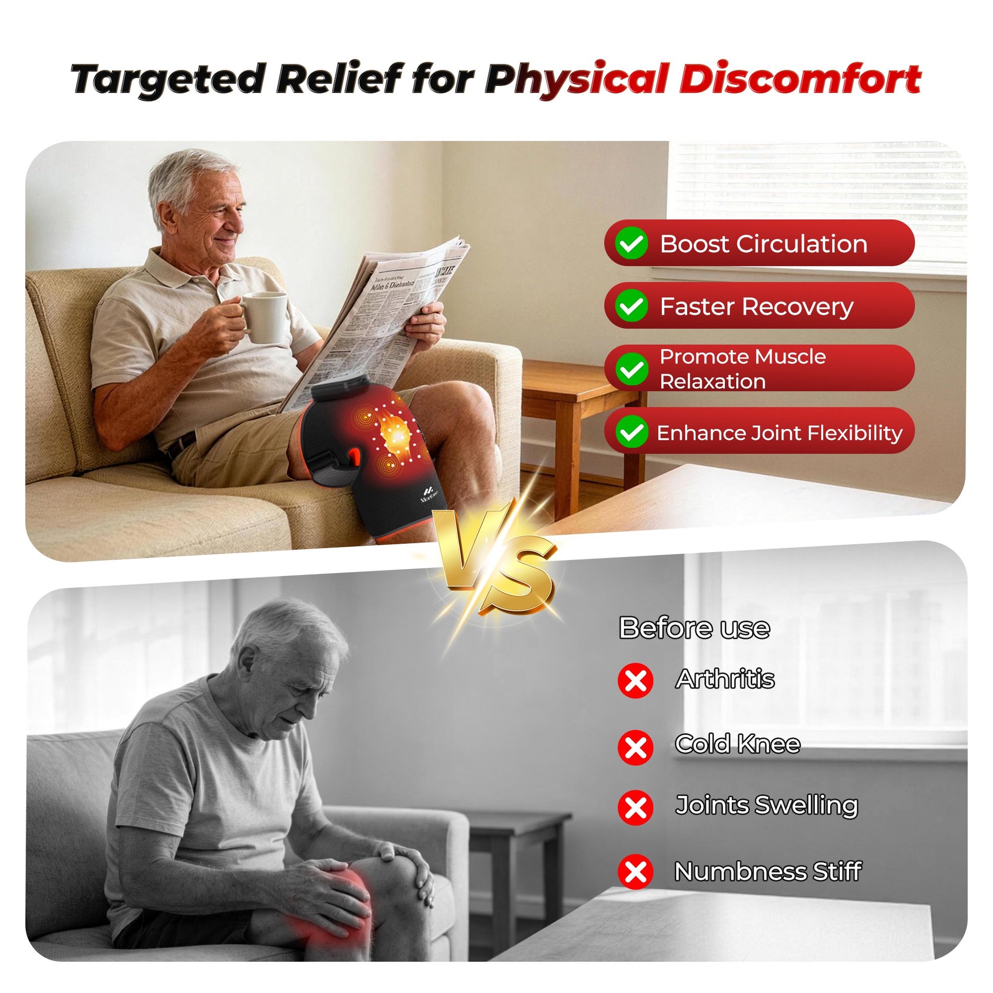 Morfone Red Light Knee Massager with Heat & Vibration, 660nm 850nm Infrared & Red Light for Knee Elbow, Cordless Heated Knee Brace, Gifts for Women Men