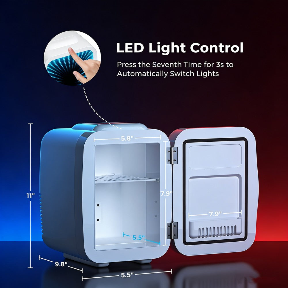 BEICHEN 4L Mini Fridge Adjustable LED Lighting AC/DC Portable Dual Temperature Bedroom Office Game Room Car Use