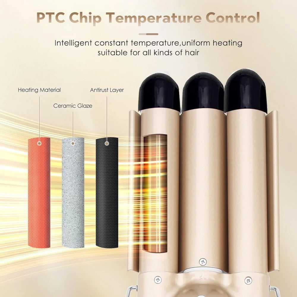 Morfone 22mm Triple Barrel Curling Iron with Ceramic Coating and Adjustable Temperature (Gold)