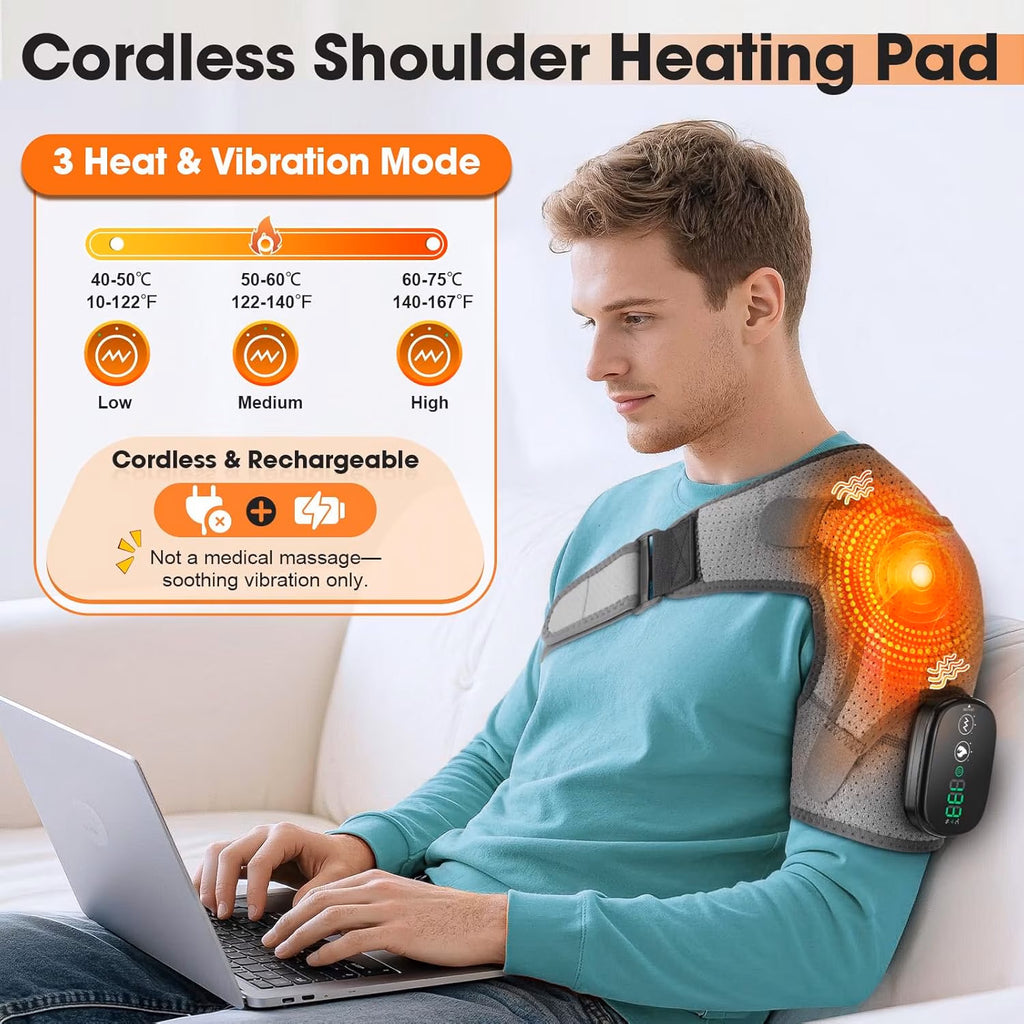 Morfone Cordless Red Light Shoulder Wrap with 3 Heat & 3 Vibration, Shoulder Massager Heating Pad, 660nm Red & 850nm near-Infrared Light,Gray