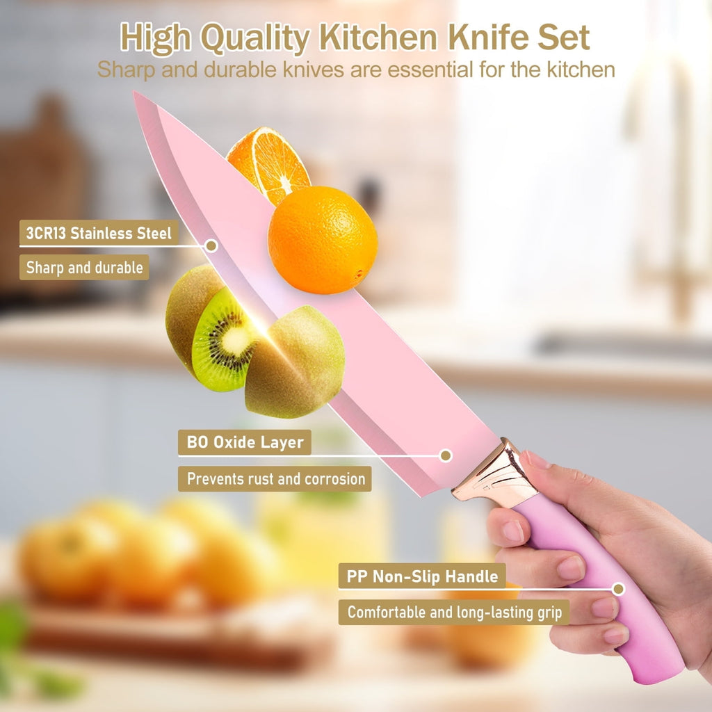 ACMETOP 19 Pieces Kitchen Utensils Set-11 Silicone Cooking Utensils Set, 6 Stainless Steel Sharp Knife set, 2 Cutting Board and Holder (Pink)