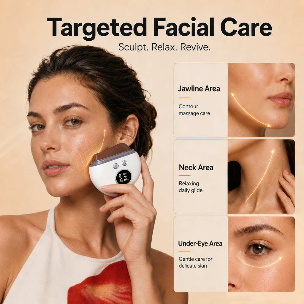 Morfone Stone Therapy Red Light Face Massager, Electric Heated Gua Sha Tool, Beauty Device for Face & Neck, Skin-Firming Device for Facial Sculpting, Gift for Women