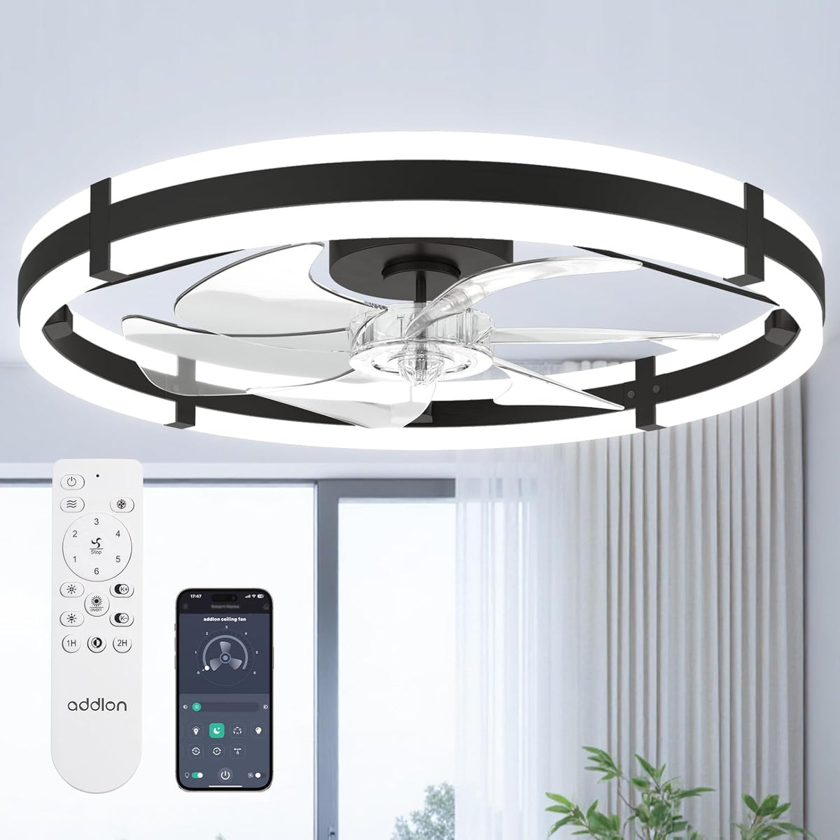 24" Low Profile Fandelier Ceiling Fans with Lights and Remote, Black
