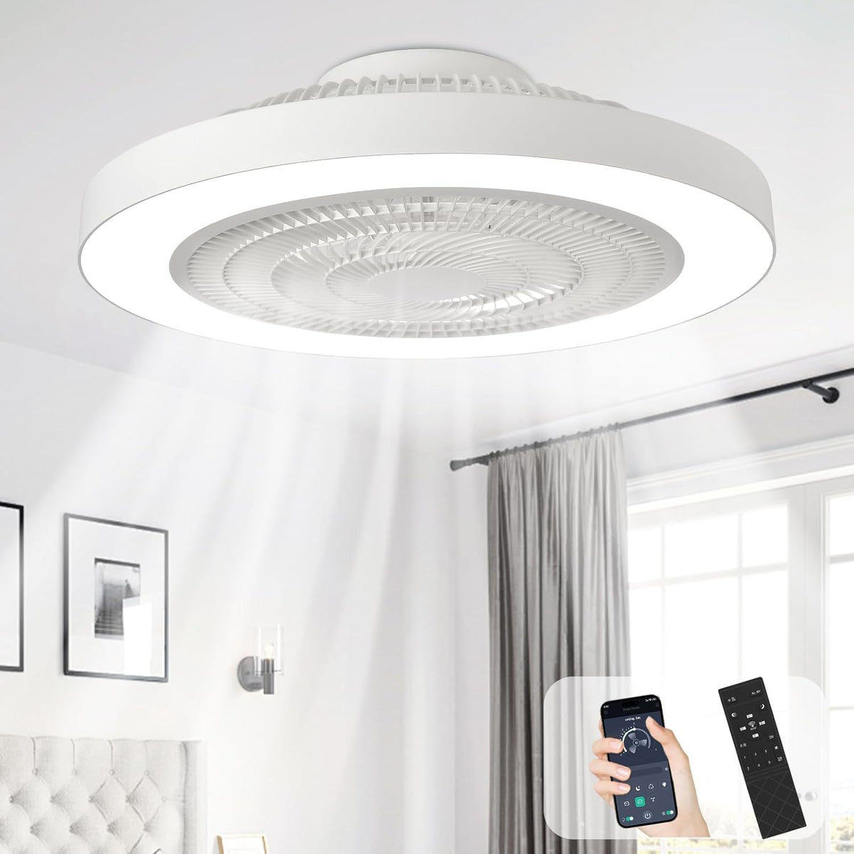 Modern Ceiling Fan with Light: 19" Bladeless Flush Mount Low Profile LED Ceiling Fans with Remote APP Control - White Enclosed Fandelier Dimmable Quiet for Bedroom Kids Room Apartment Loft