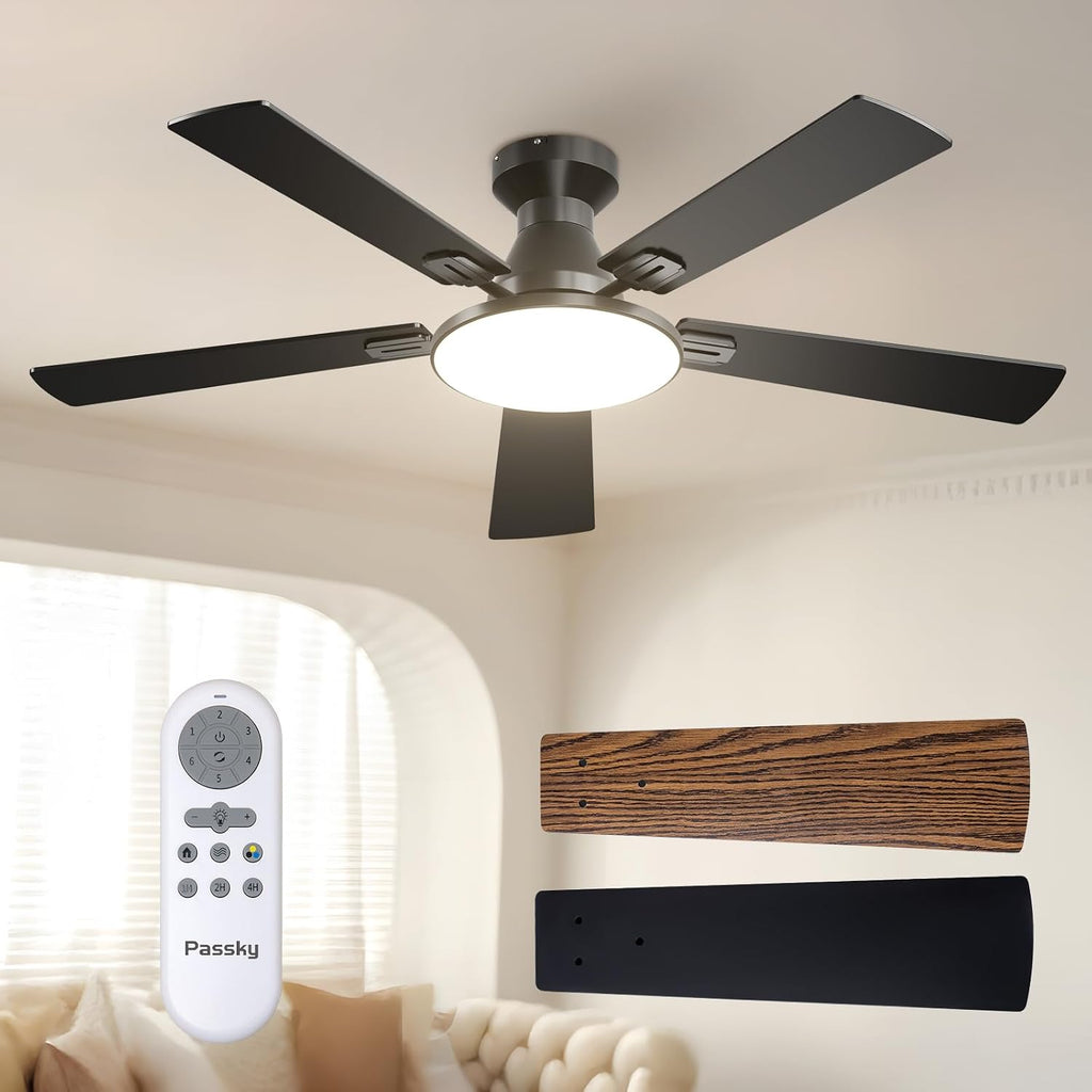 52 Inch Black Low Profile Ceiling Fans with Lights and Remote
