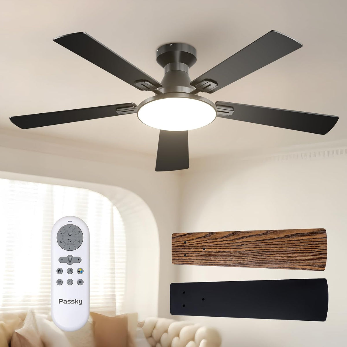 52 Inch Black Low Profile Ceiling Fans with Lights and Remote