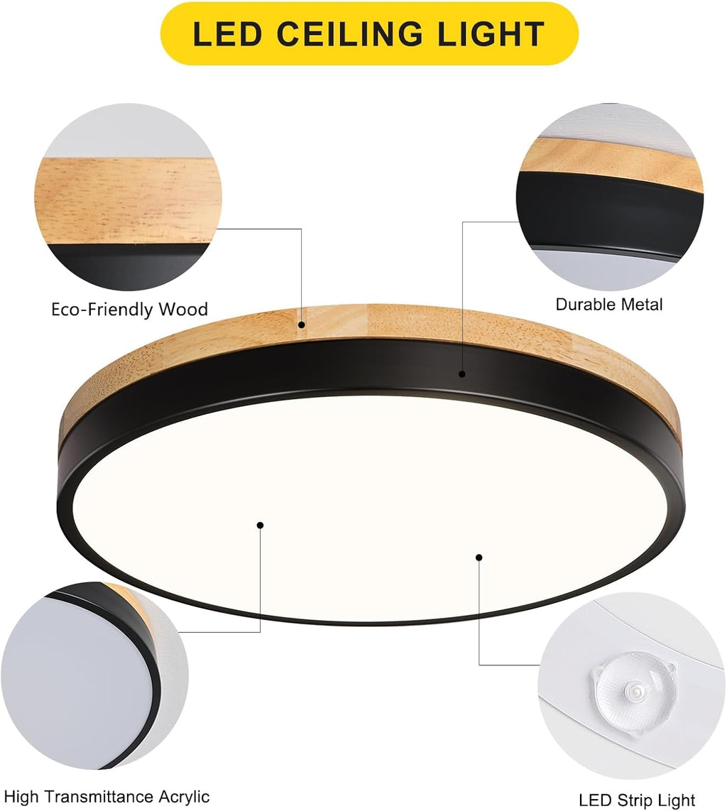 Modern Wood Black Flush Mount Ceiling Light 11.81 Inch