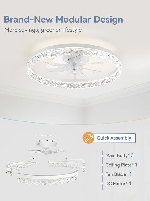 20" Modern Ceiling Fans with Lights and Remote, White Fandelier