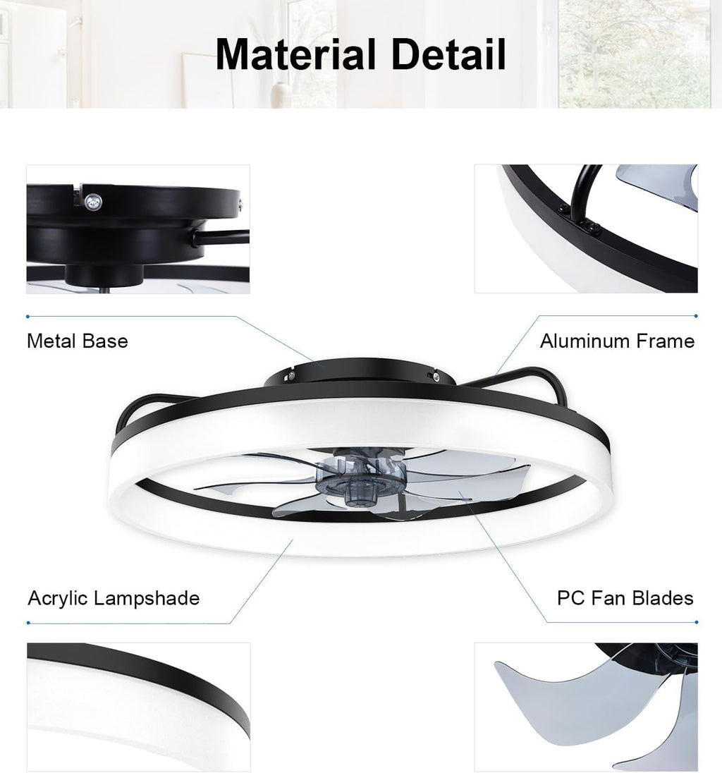 Ceiling Fans with Lights and Remote, 20" Modern Low Profile Ceiling Fan, 6-Speed Quiet Reversible Motor, Flush Mount LED Fan Light,Stepless Dimmable for Bedroom