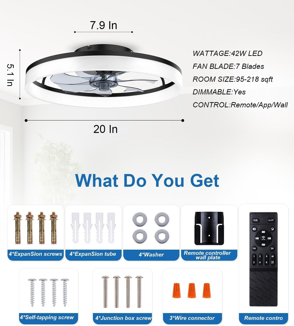 Ceiling Fans with Lights and Remote, 20" Modern Low Profile Ceiling Fan, 6-Speed Quiet Reversible Motor, Flush Mount LED Fan Light,Stepless Dimmable for Bedroom