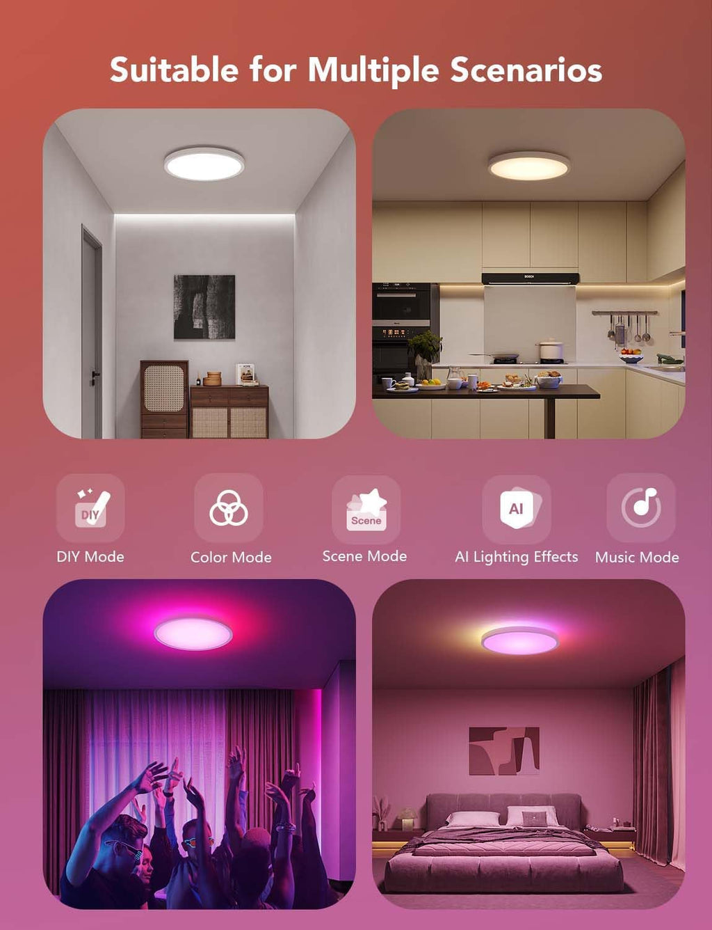 Smart Ceiling Light, 2400LM 2700K-6500K 12 Inch 1 Pack White