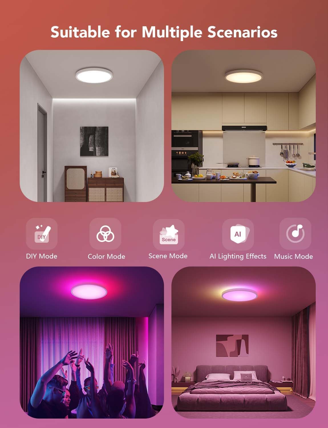 Smart Ceiling Light, 2400LM 2700K-6500K 12 Inch 1 Pack White