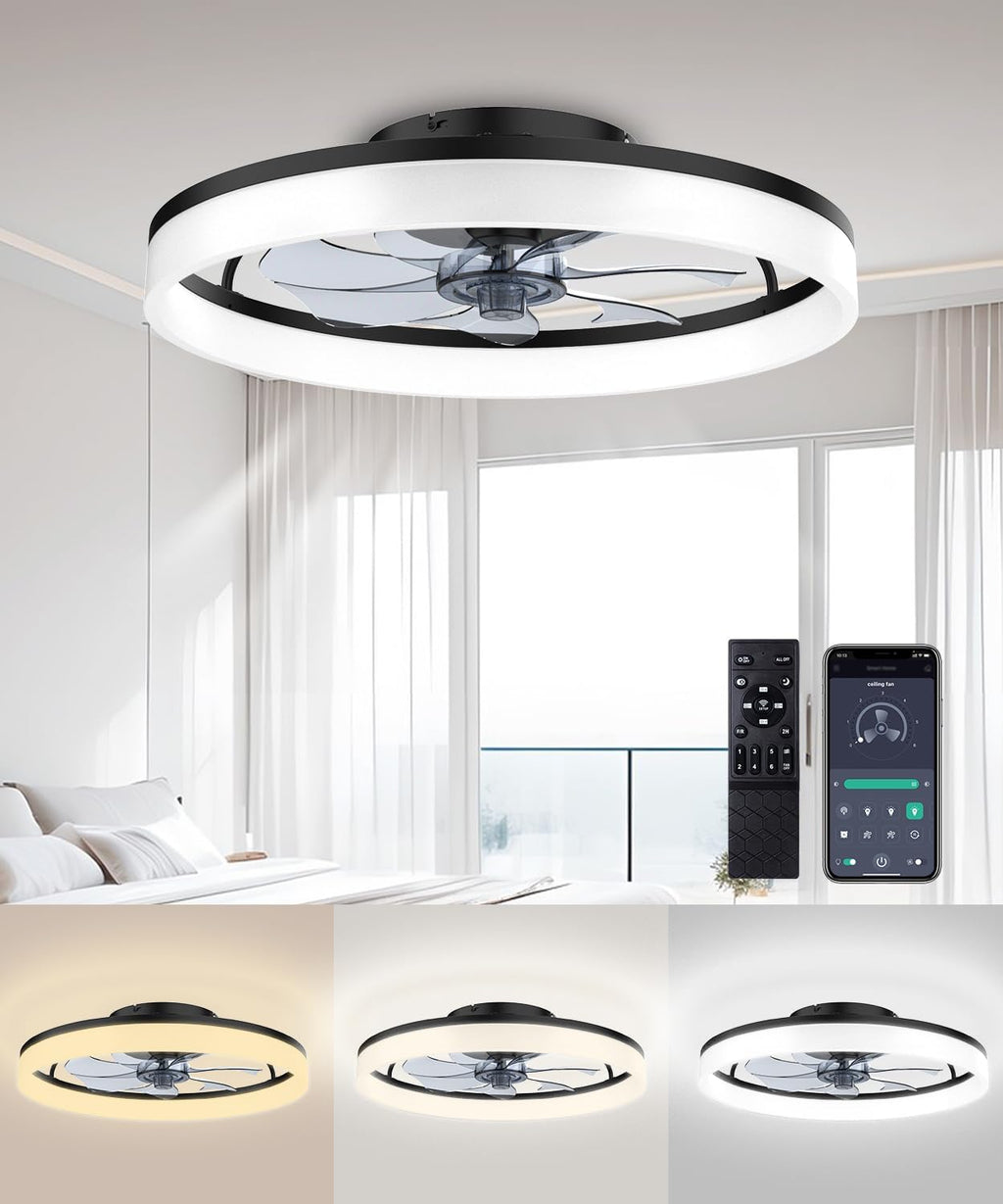 Ceiling Fans with Lights and Remote, 20" Modern Low Profile Ceiling Fan, 6-Speed Quiet Reversible Motor, Flush Mount LED Fan Light,Stepless Dimmable for Bedroom