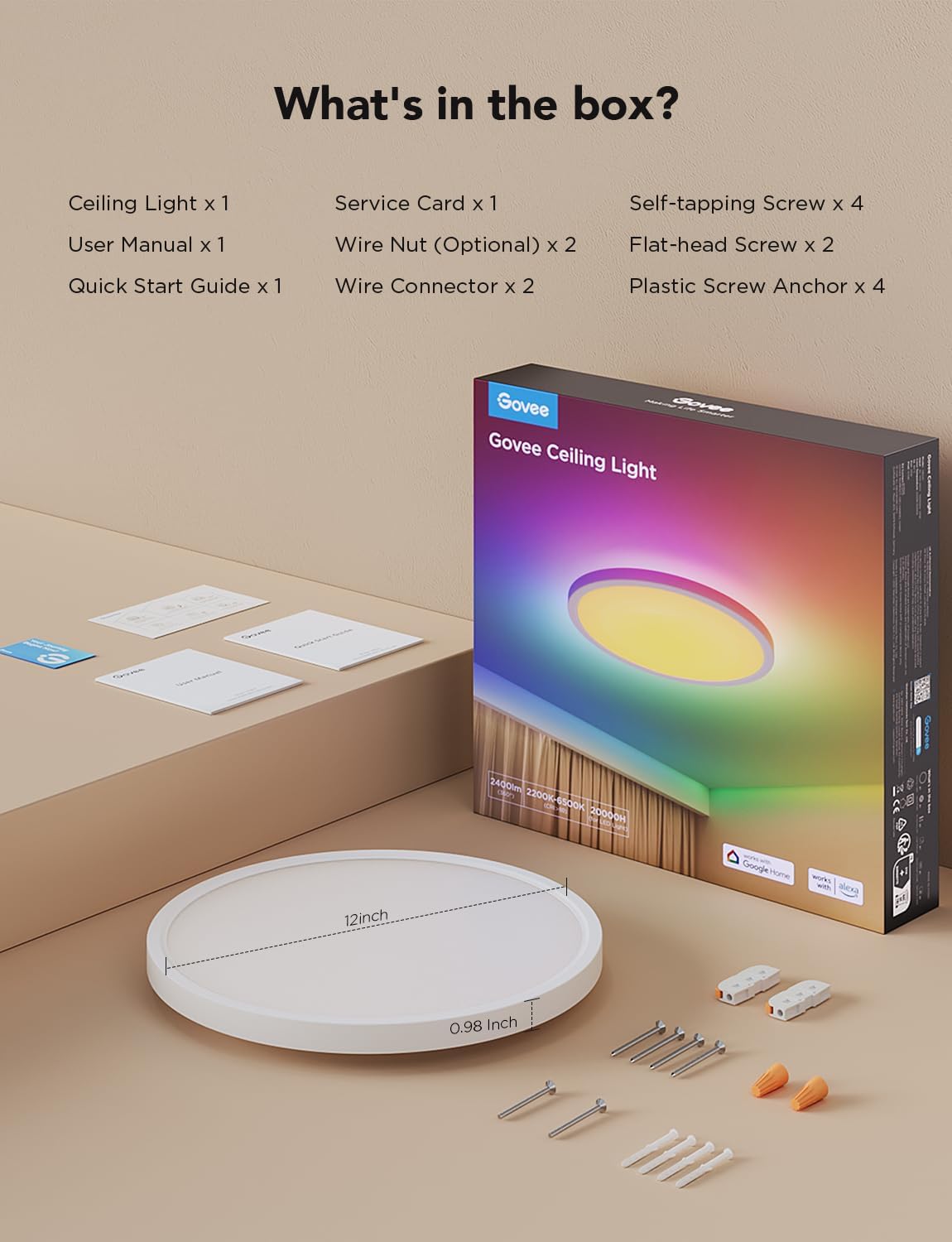 Smart Ceiling Light, 2400LM 2700K-6500K 12 Inch 1 Pack White