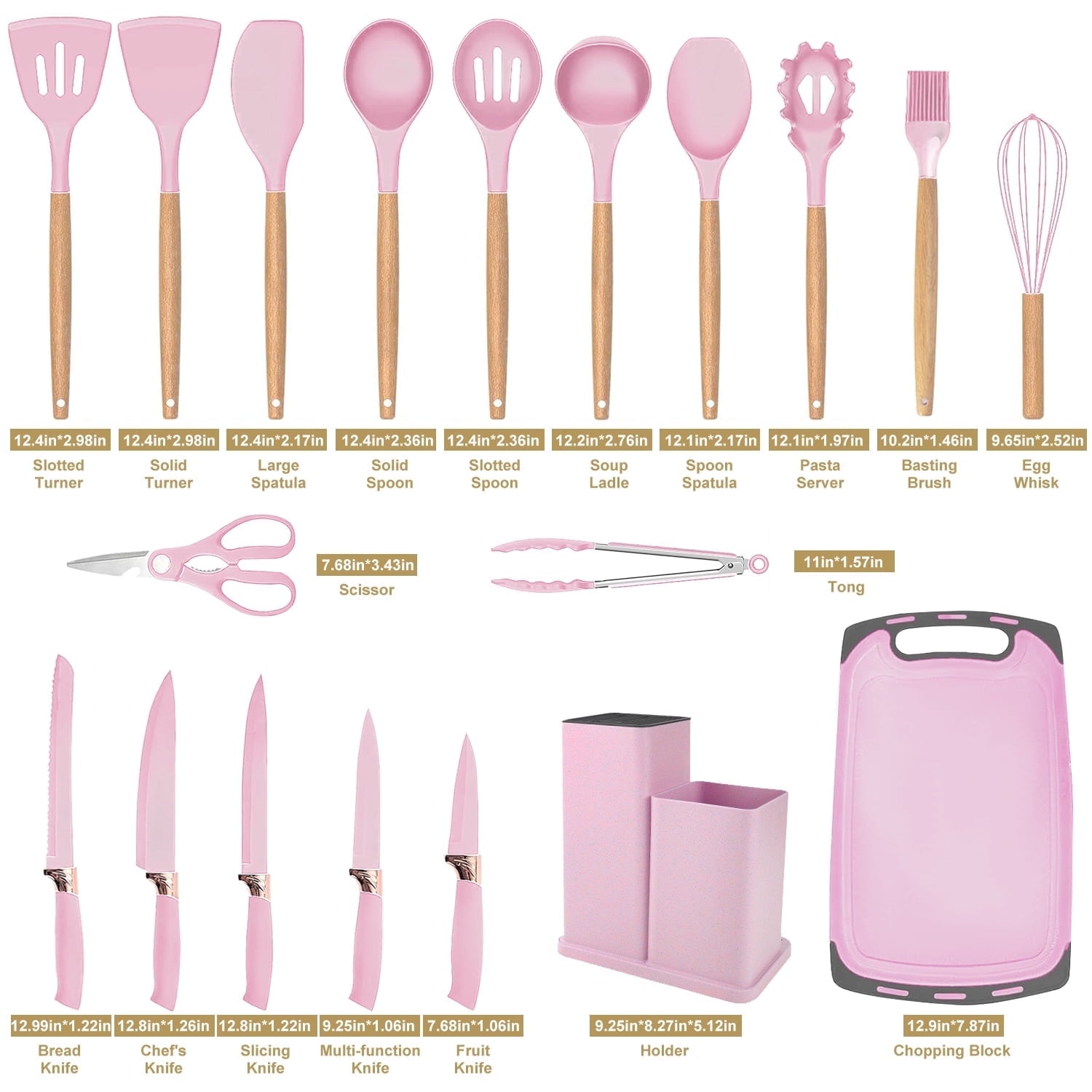 ACMETOP 19 Pieces Kitchen Utensils Set-11 Silicone Cooking Utensils Set, 6 Stainless Steel Sharp Knife set, 2 Cutting Board and Holder (Pink)