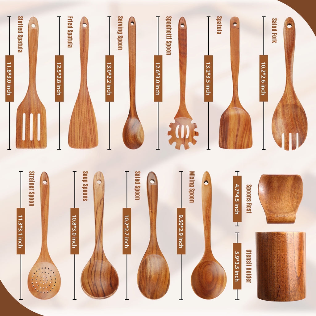 ACMETOP Wooden Spoons for Cooking, 10PCS Teak Wood Kitchen Utensils Set With 10 Hooks, Nonstick Cookware Utensil Set - Mother's Day Gift