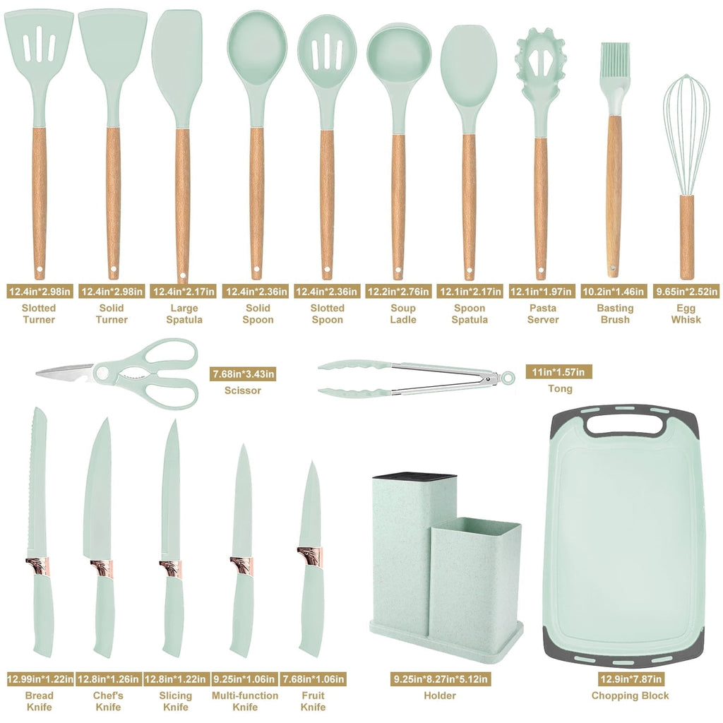 ACMETOP 19 Pieces Kitchen Utensils Set-11 Silicone Cooking Utensils Set, 6 Stainless Steel Sharp Knife set, 2 Cutting Board and Holder (Pink)