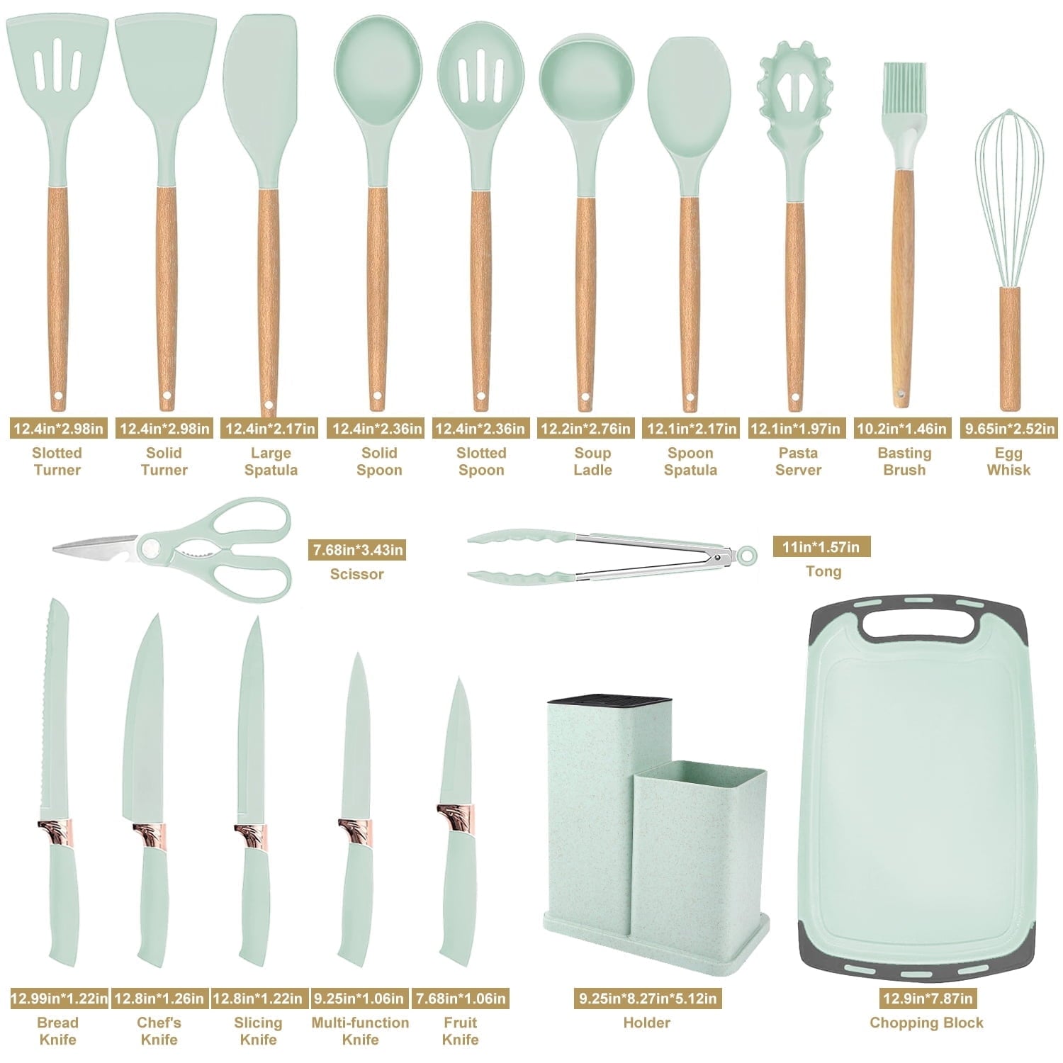 ACMETOP 19 Pieces Kitchen Utensils Set-11 Silicone Cooking Utensils Set, 6 Stainless Steel Sharp Knife set, 2 Cutting Board and Holder (Pink)