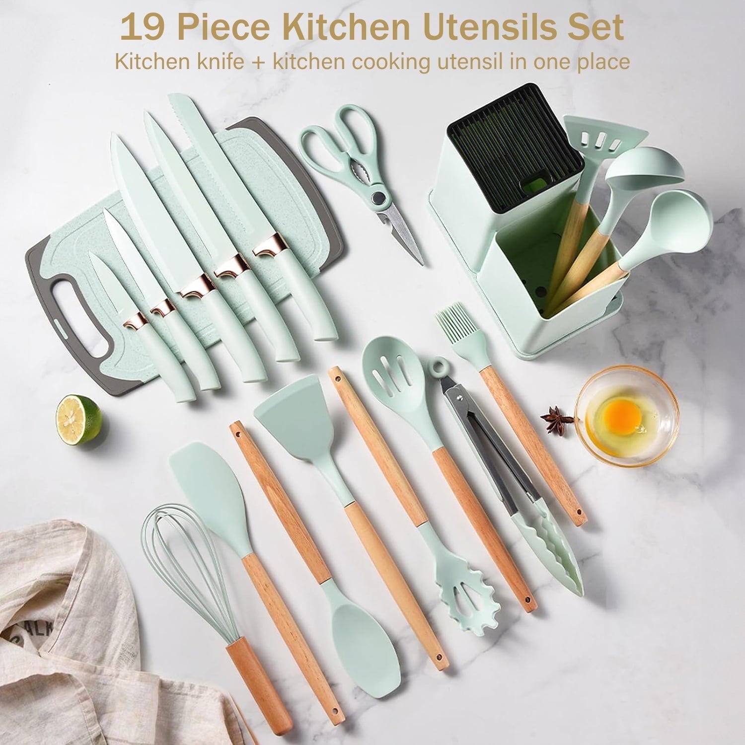 ACMETOP 19 Pieces Kitchen Utensils Set-11 Silicone Cooking Utensils Set, 6 Stainless Steel Sharp Knife set, 2 Cutting Board and Holder (Pink)