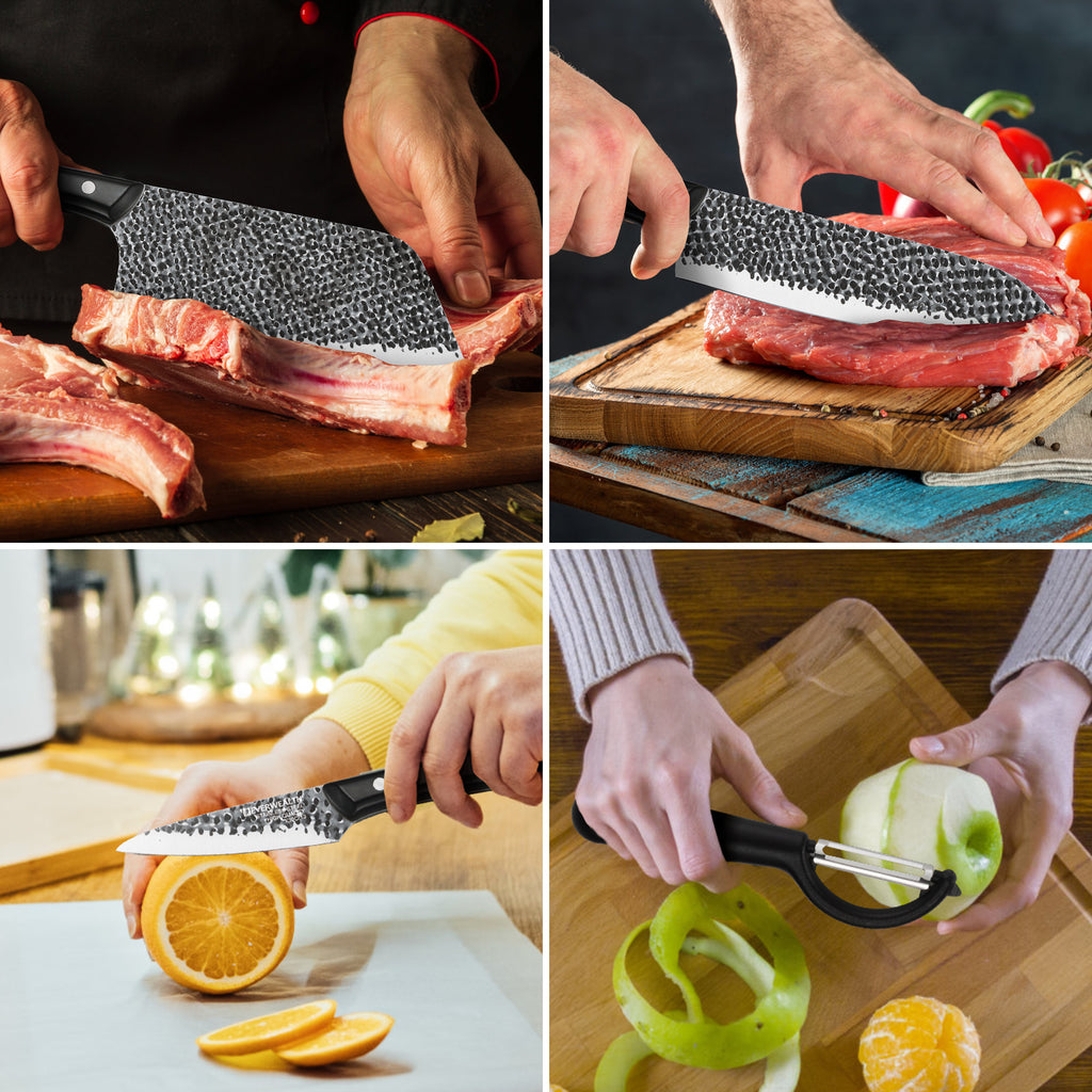 Mooues 6-Piece Set with Chopping Board and Hammered Finish Knives, Kitchen Utensil Knife Set. Boxed design, perfect for gifting