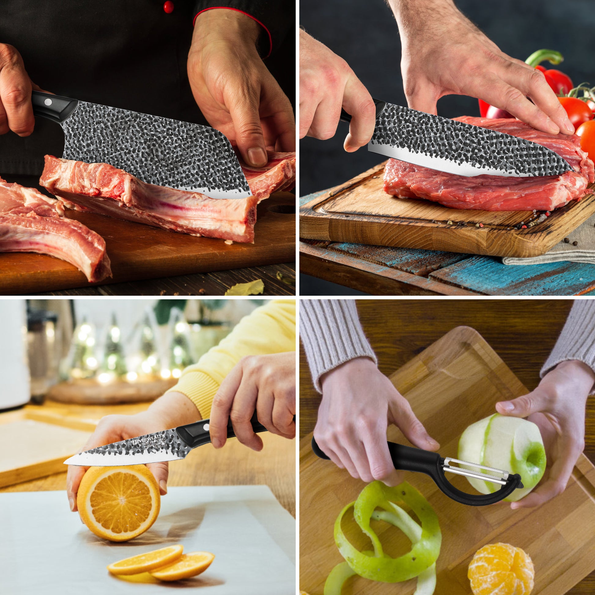 Mooues 6-Piece Set with Chopping Board and Hammered Finish Knives, Kitchen Utensil Knife Set. Boxed design, perfect for gifting