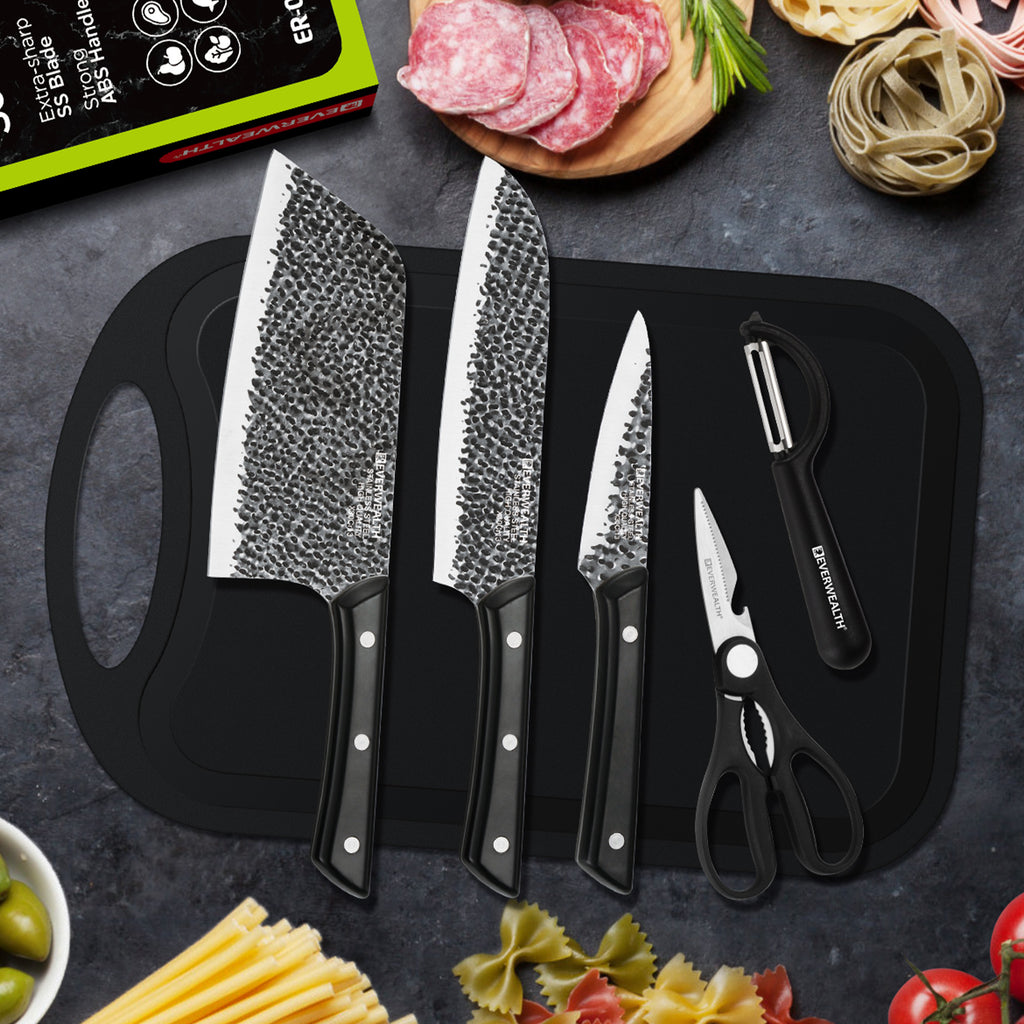 Mooues 6-Piece Set with Chopping Board and Hammered Finish Knives, Kitchen Utensil Knife Set. Boxed design, perfect for gifting
