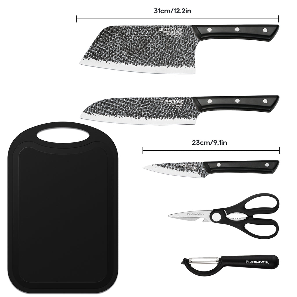 Mooues 6-Piece Set with Chopping Board and Hammered Finish Knives, Kitchen Utensil Knife Set. Boxed design, perfect for gifting