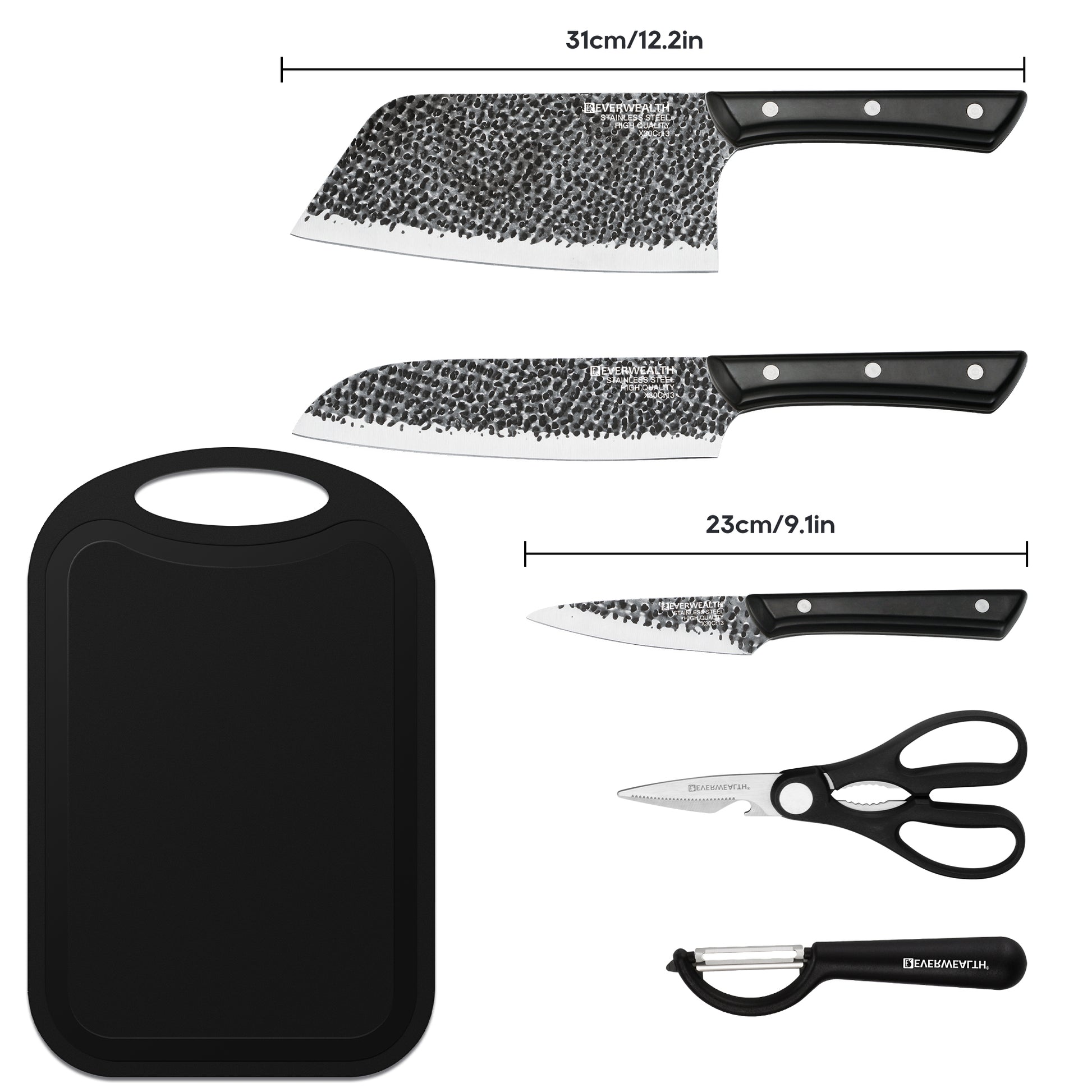 Mooues 6-Piece Set with Chopping Board and Hammered Finish Knives, Kitchen Utensil Knife Set. Boxed design, perfect for gifting