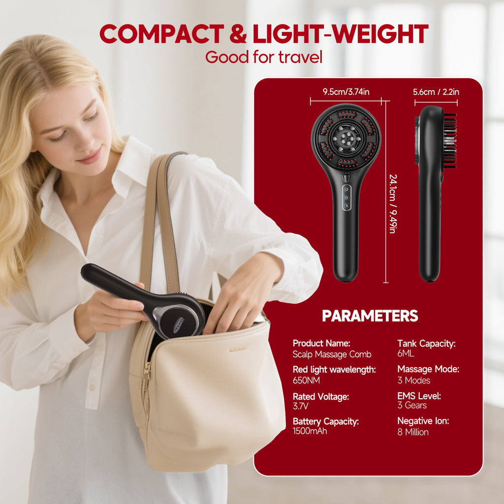 Morfone scalp massager and liquid applicator with red light electric scalp massage comb. 6 EMS roller balls + 650nm red light massage comb.