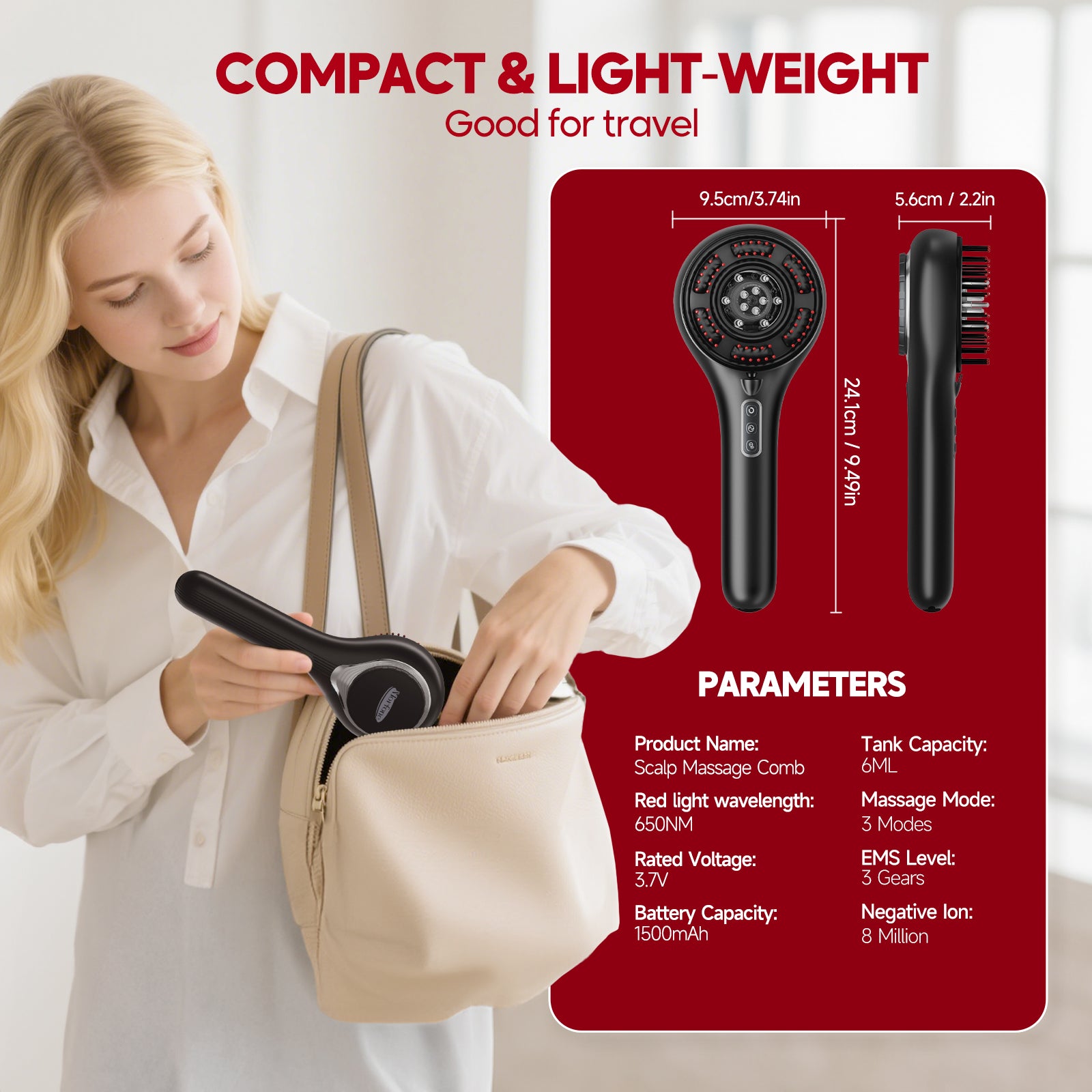 Morfone scalp massager and liquid applicator with red light electric scalp massage comb. 6 EMS roller balls + 650nm red light massage comb.