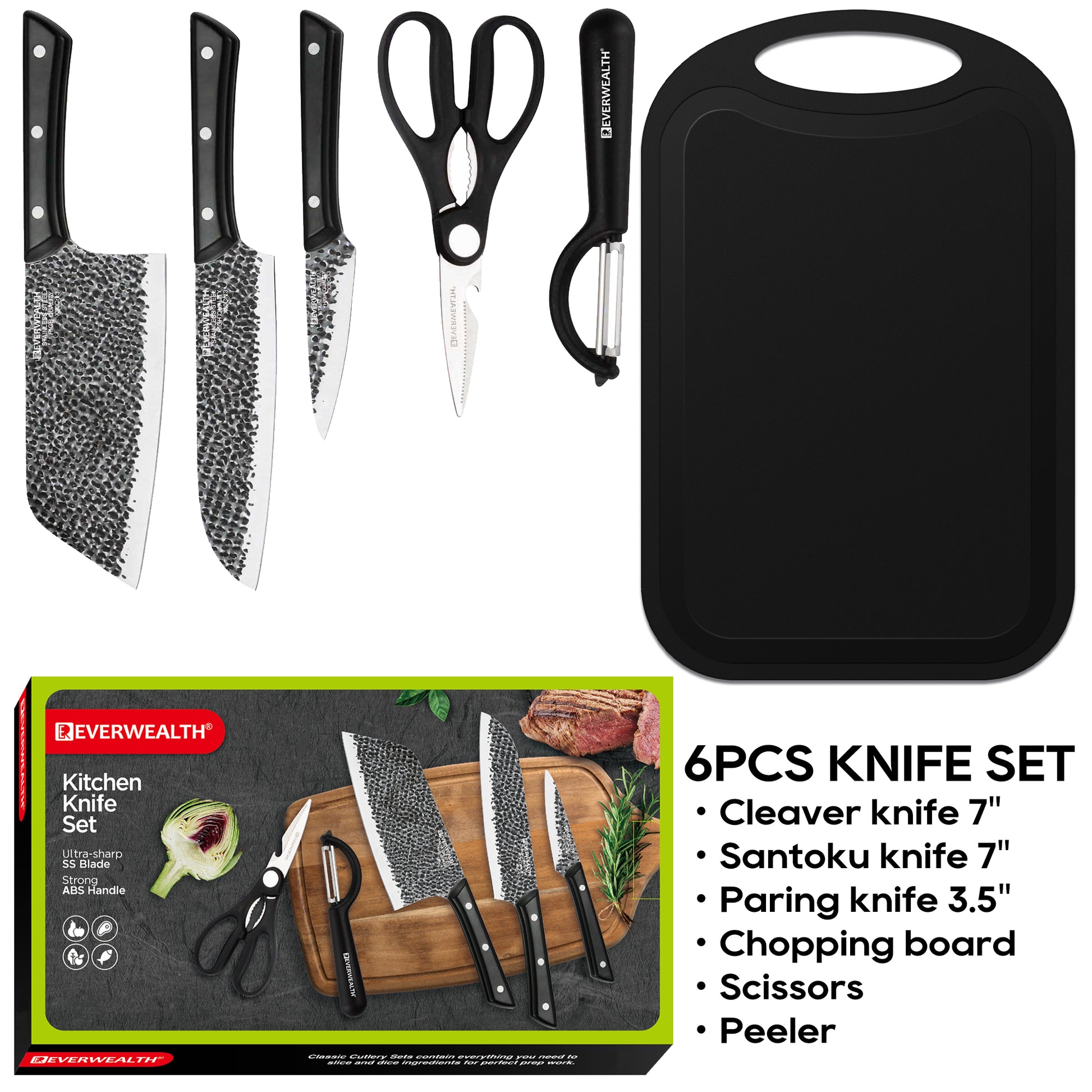 Mooues 6-Piece Set with Chopping Board and Hammered Finish Knives, Kitchen Utensil Knife Set. Boxed design, perfect for gifting