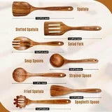 5 Piece Wooden Spoons for Cooking, Wooden Utensils for Cooking with Utensils Holder, Natural Teak Wooden Kitchen Utensils Set with Wooden Spoon Rest, Comfort Grip