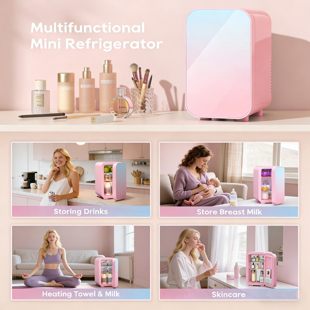 Morfone 6L Pink Mini Fridge 110V AC/12V DC Home & Car Use Dual Temperature Control For Skincare Products, Snacks, and Beverages