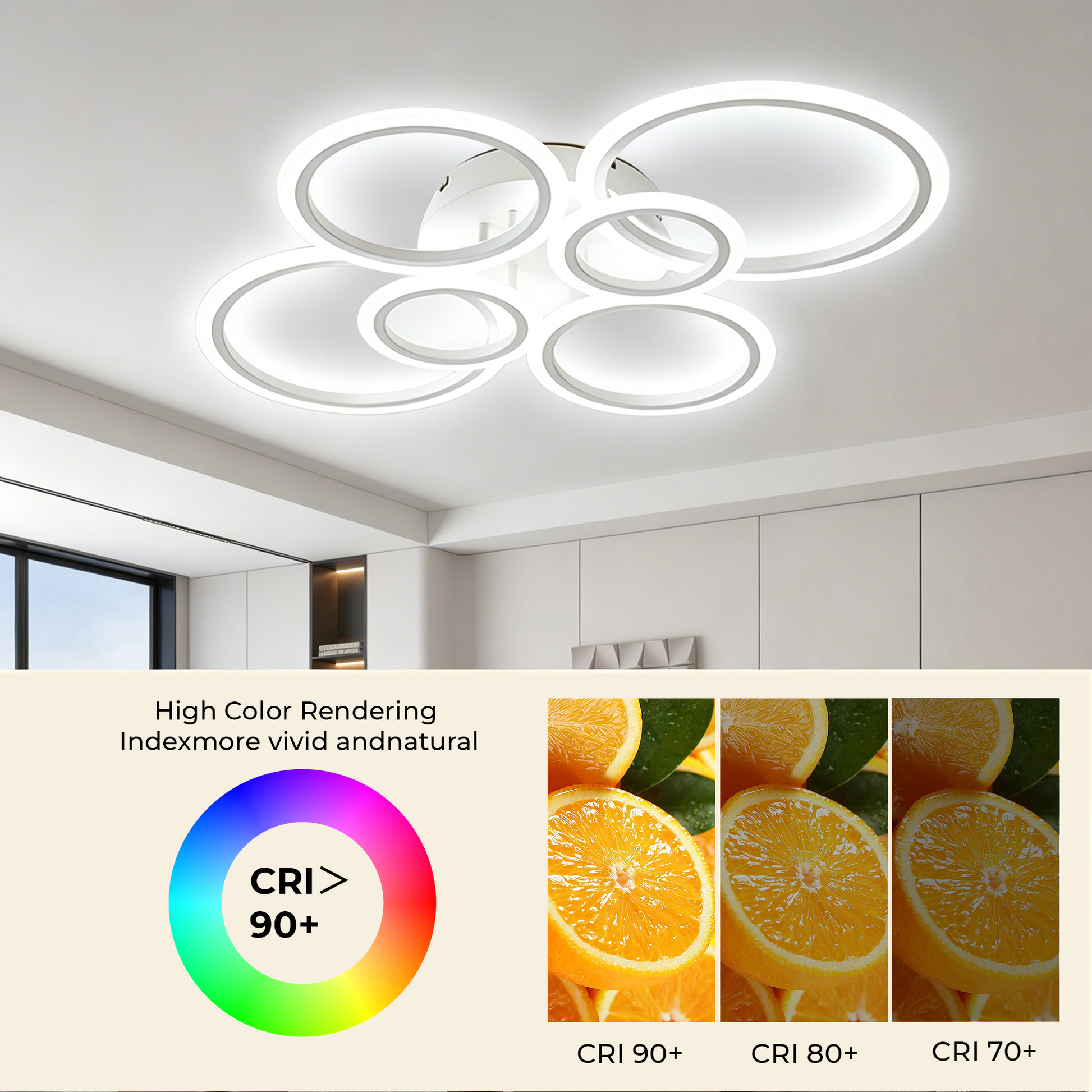 Anoak Ceiling Light, Dimmable Modern LED Ceiling Light with Remote Control, 30.7" 6-Ring Light Fixture for Living Room, Dining Room, Bedroom, Kitchen