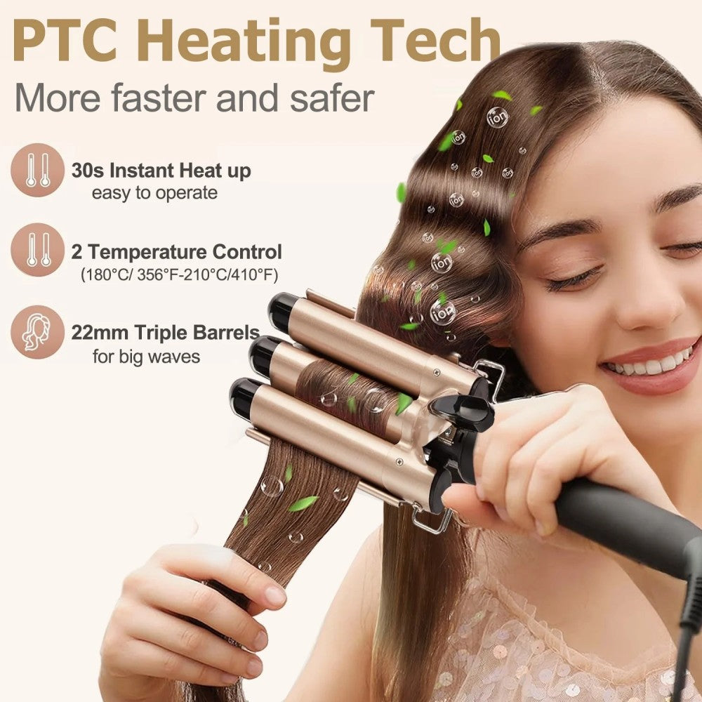 Morfone 22mm Triple Barrel Curling Iron with Ceramic Coating and Adjustable Temperature (Gold)