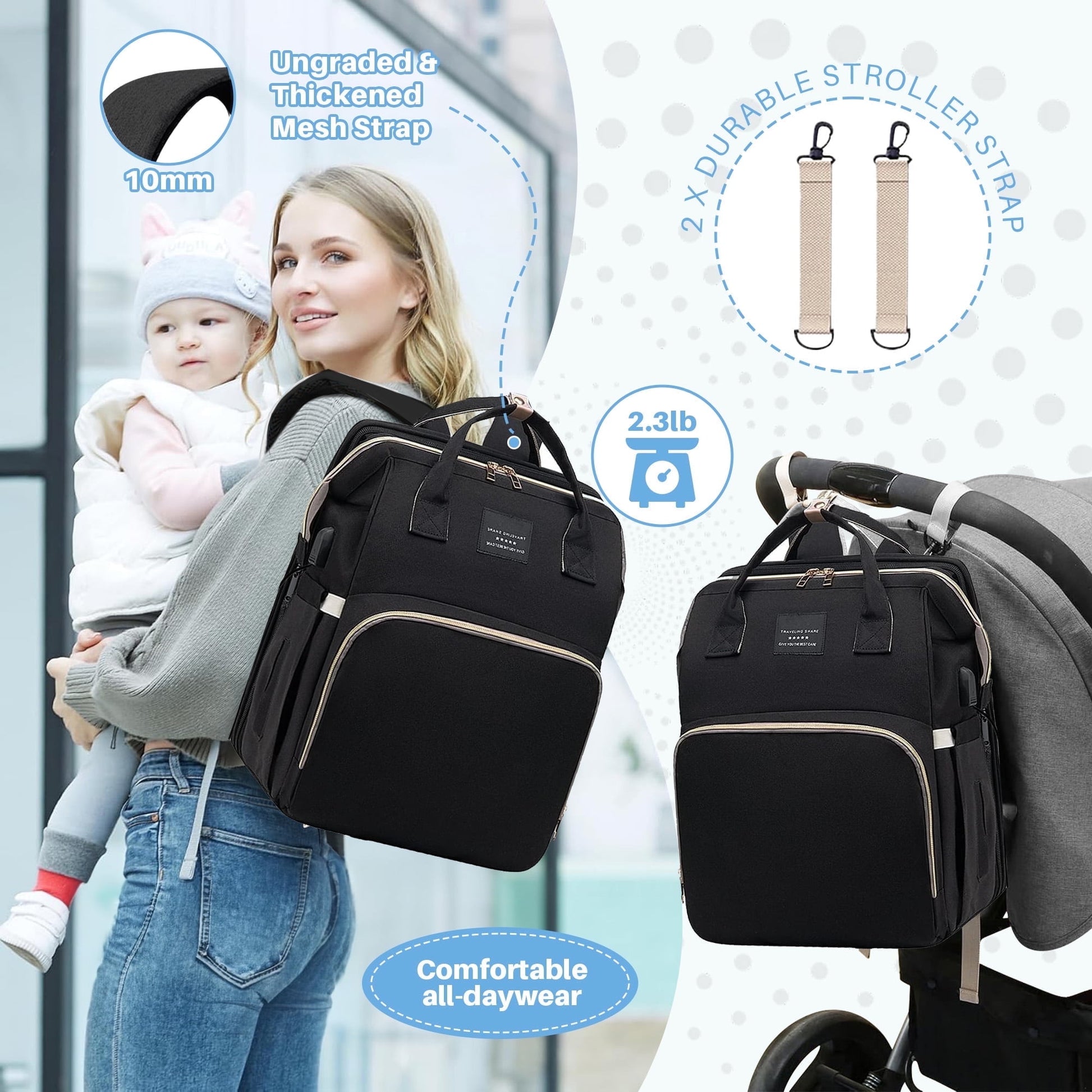 Morfone Baby Diaper Bag Backpack with Changing Station, Large Capacity Baby Bag, Waterproof Travel Backpack with USB Charging Port, Stroller Straps , Baby Shower Gifts