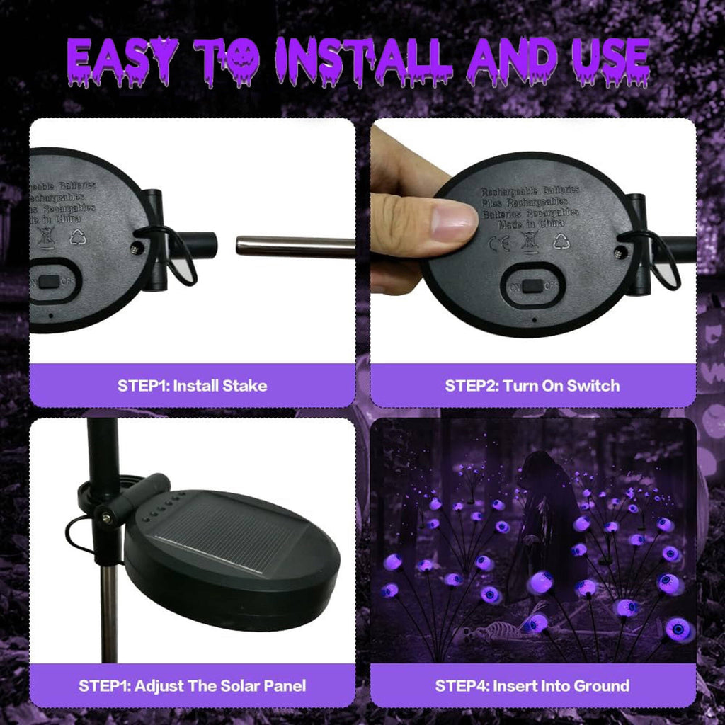 ACMETOP Halloween Decorations Outdoor, 2 Pack 12 LED Scary Eyeball Solar Halloween Lights, 2 Mode Waterproof Swaying Outside Decor, Solar Light Decorations for Garden Yard Party, Purple