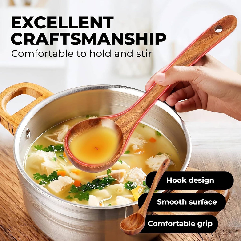 ACMETOP 6-Piece Natural Teak Wooden Spoons for Cooking With 10 Hooks，Handcrafted Kitchen Utensils Set ，Ideal Gift Set