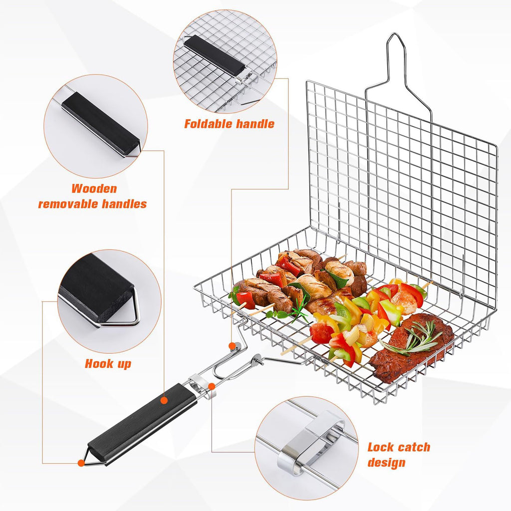 ACMETOP Grill Baskets for Outdoor Grill, Stainless Steel Large Folding Grilling Baskets with Detachable Handle, Grilling Accessories for Fish, Shrimp, Vegetables