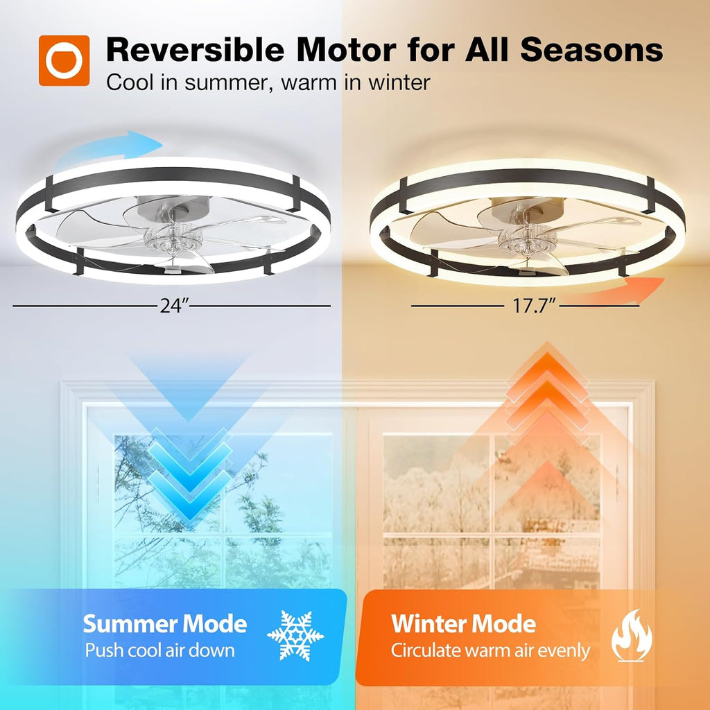 24" Low Profile Fandelier Ceiling Fans with Lights and Remote, Black
