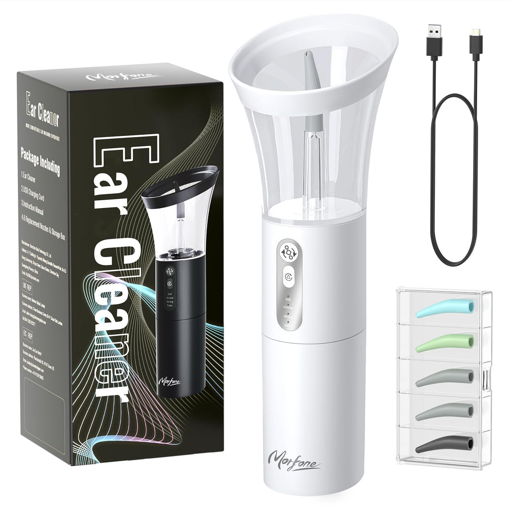 Morfone Electric Ear Cleaning Kit Effective & Safe Ear Cleaner Irrigation Flushing System 4 Pressure Modes for Ear Wax Buildup（White）