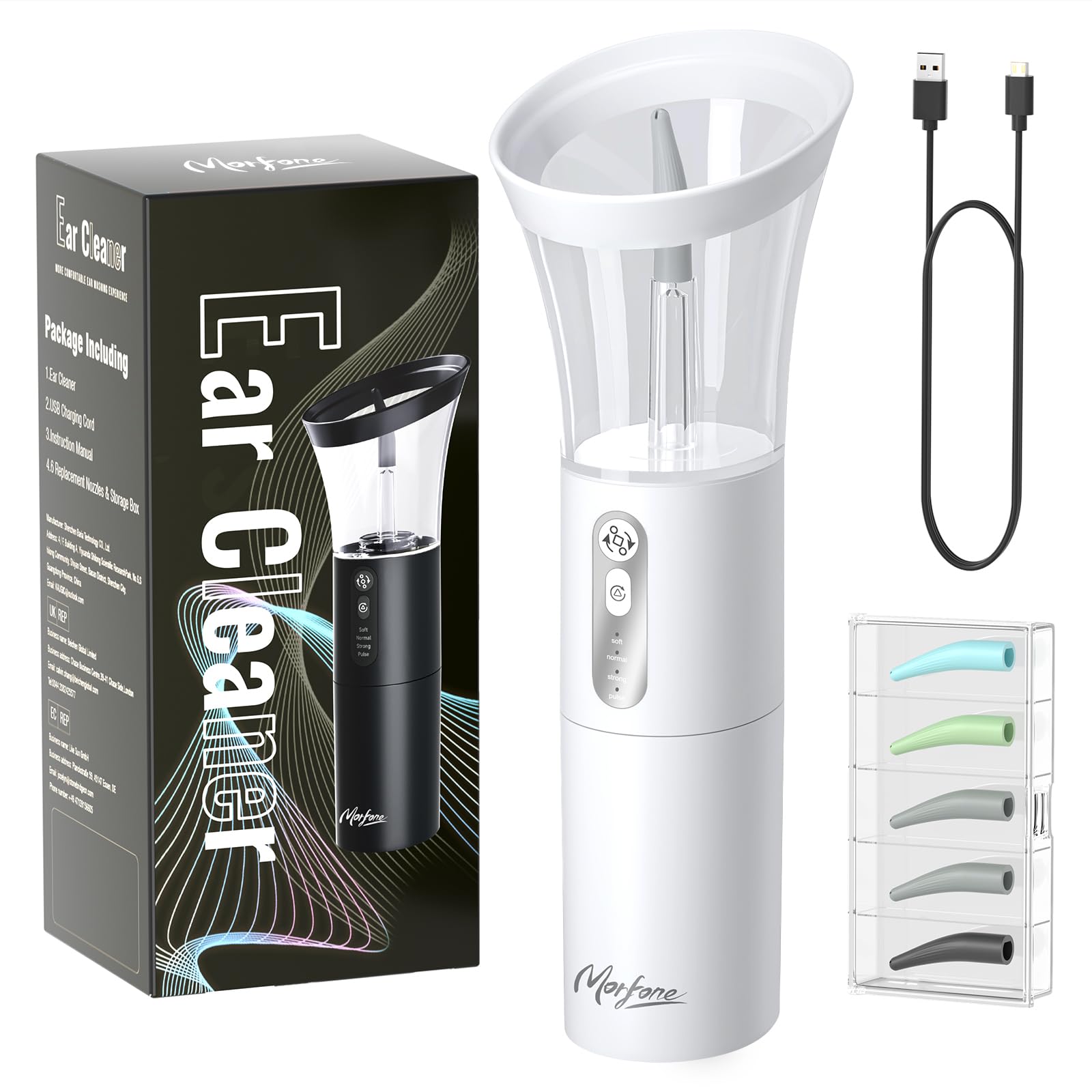 Morfone Electric Ear Cleaning Kit Effective & Safe Ear Cleaner Irrigation Flushing System 4 Pressure Modes for Ear Wax Buildup（White）